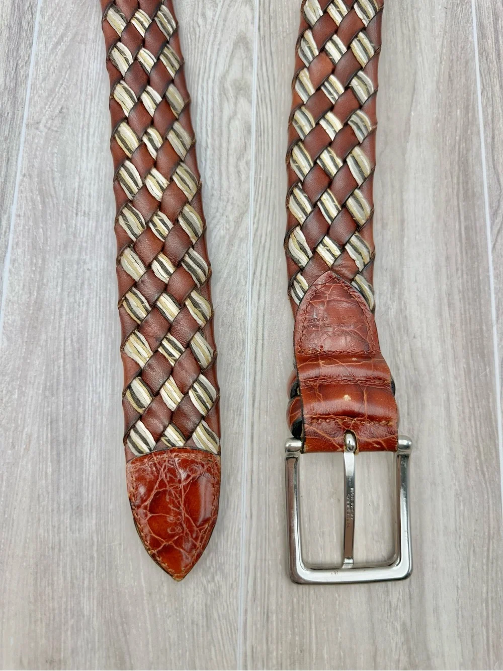 VTG Novia Brown Italian Leather Braided Belt Mixed w/ Natural Fiber Weave Sz 36